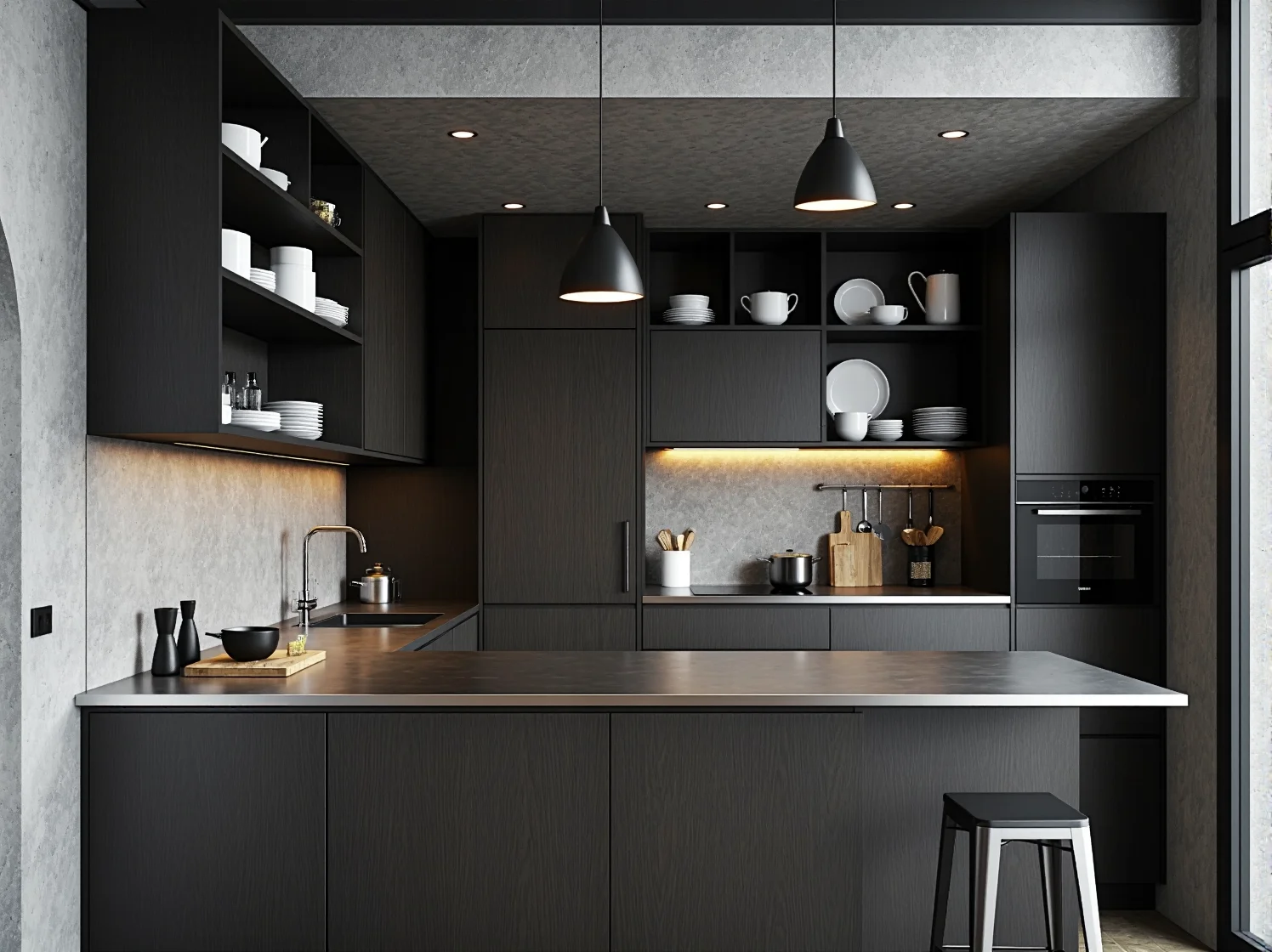 Oświetlenie industrialne w małym mieszkaniu – czarne lampy wiszące nad drewnianym blatem kuchennym.