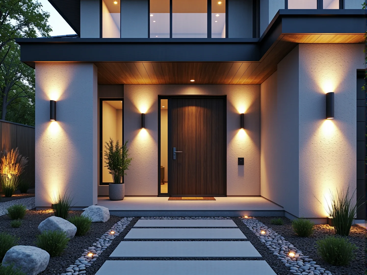 Oświetlenie LED fasady podkreślające architekturę nowoczesnego budynku.