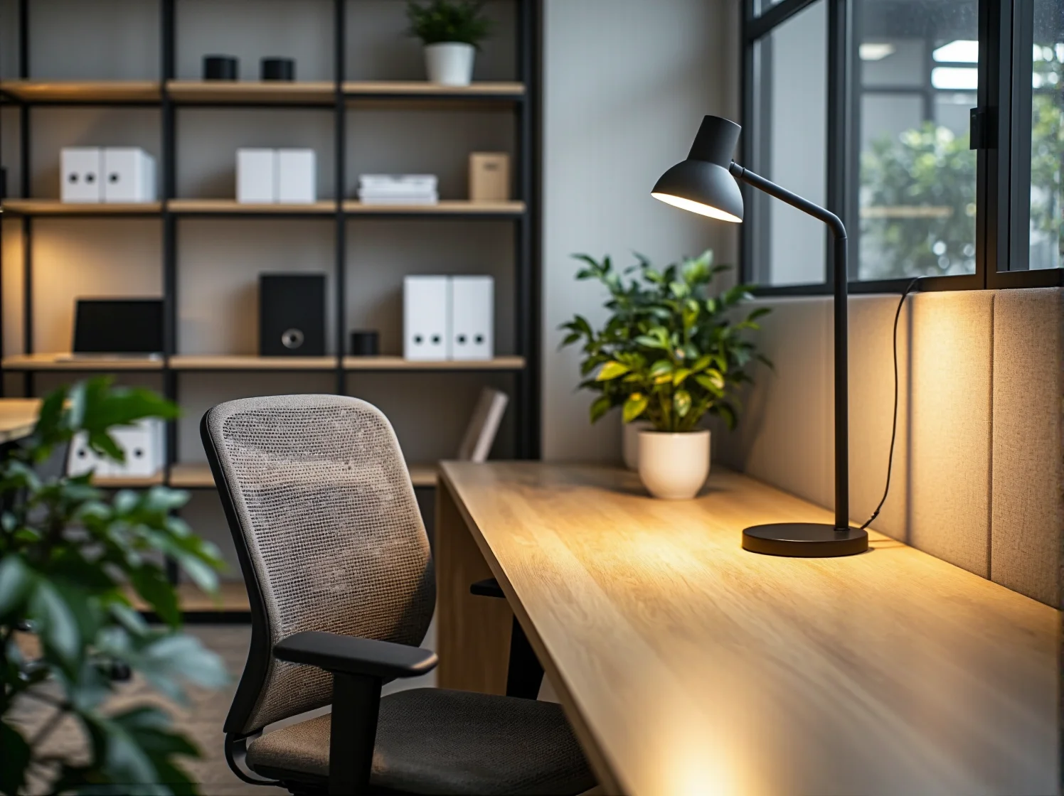 Detal oświetlenia punktowego podkreślający strukturę drewnianych mebli w kawiarni.