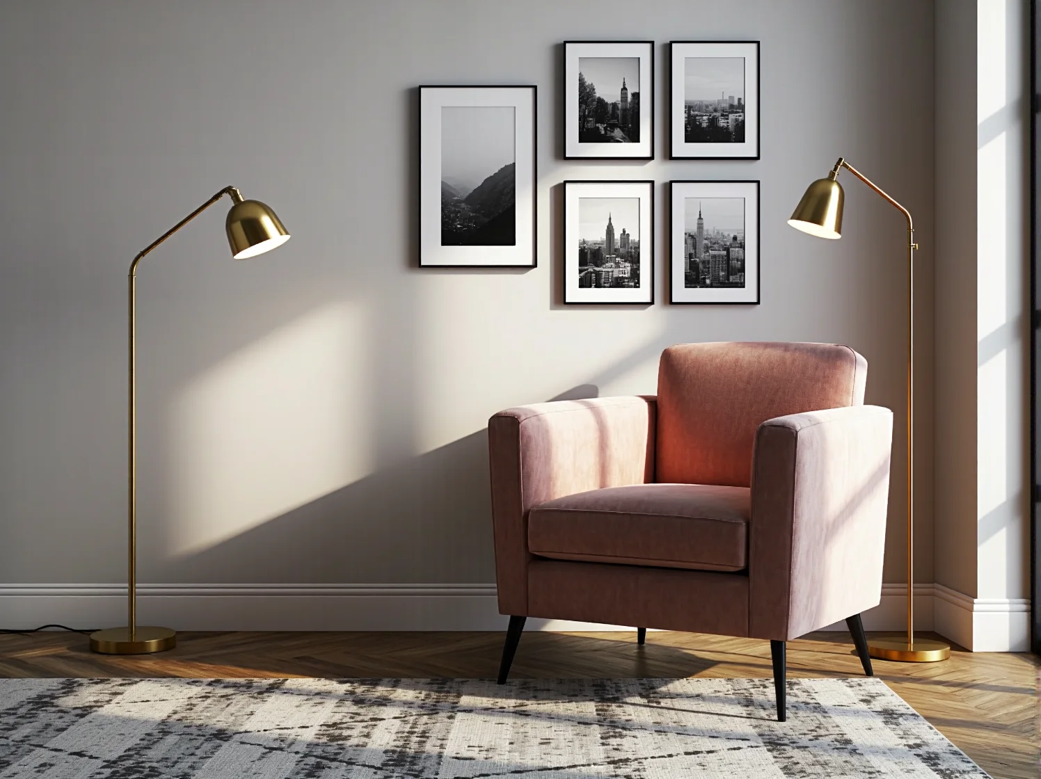 Nowoczesne lampy skandynawskie nad stołem jadalnianym w stylu glamour z kryształowymi akcentami.