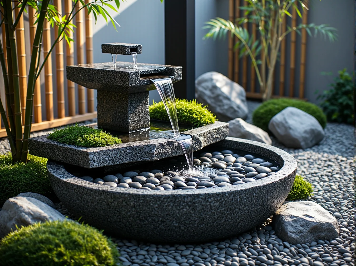 Aranżacja ogrodu zen z oświetleniem solarnym tworzącym spokojny nastrój po zmroku.