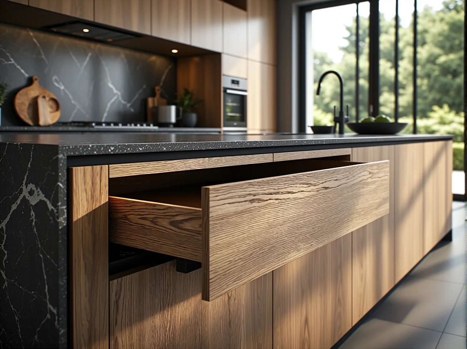 Otwieranie szafki kuchennej przez naciśnięcie frontu w technologii push-to-open.