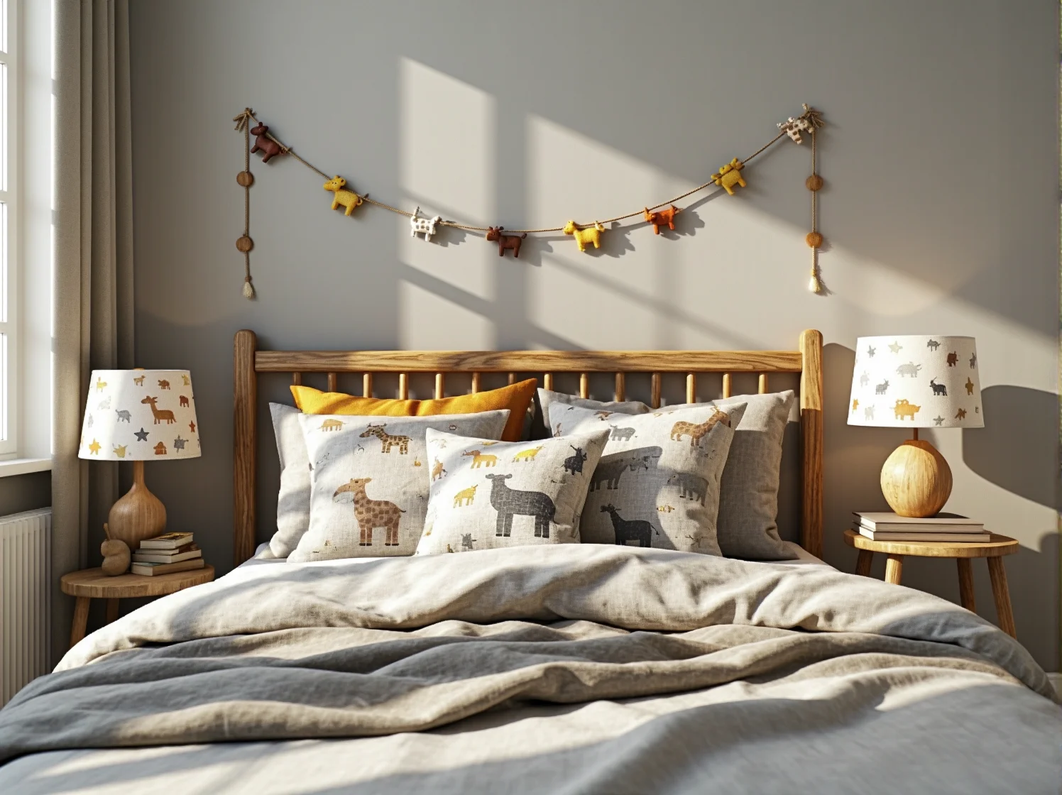 Pokój dziecka w stylu leśnym z tapetą w zwierzęta i drewnianymi meblami.