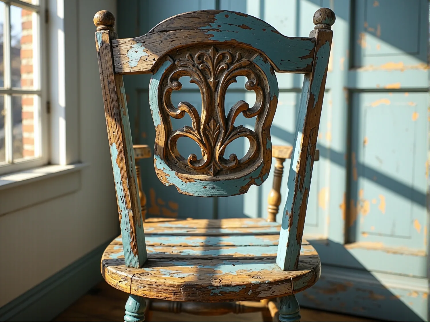 Efekt postarzania mebli w stylu vintage uzyskany przez przecieranie warstw farby na starej szafce.