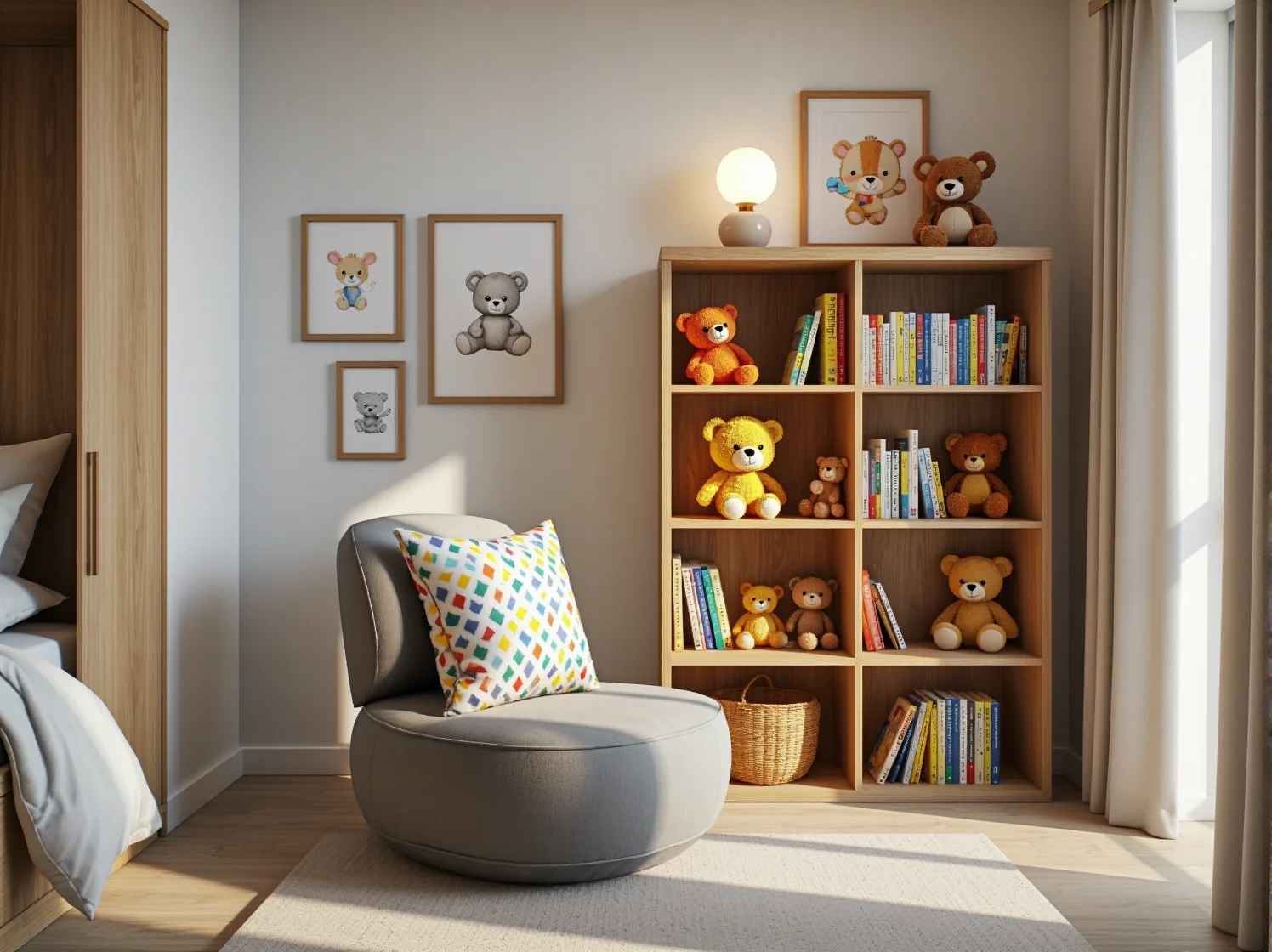 Praktyczny system przechowywania zabawek i ubrań w pokoju dziecka, ułatwiający utrzymanie porządku.