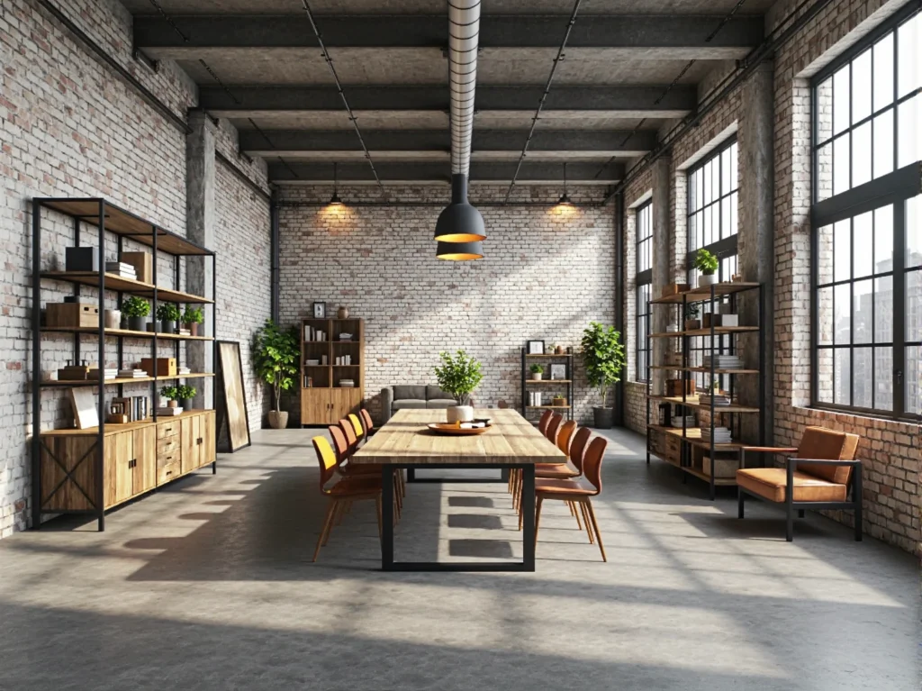 Industrialne meble loftowe z drewna i metalu do jadalni