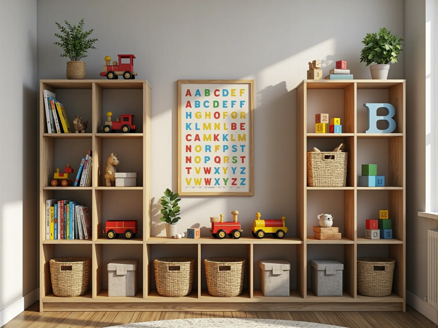 Kreatywna organizacja zabawek na półkach regału w stylu vintage w pokoju malucha.