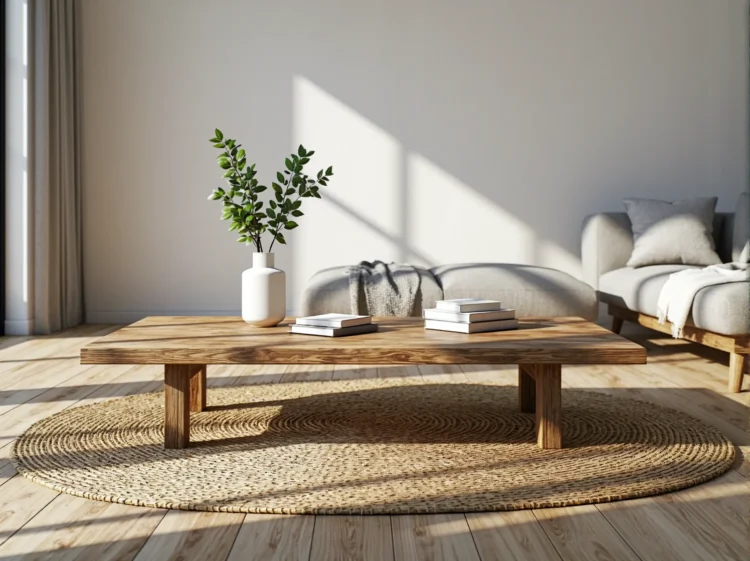 Niska ława drewniana dąb naturalny w stylu minimalistycznym