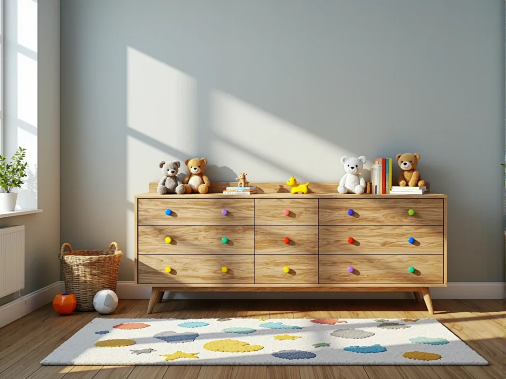 Niska komoda dziecięca drewniana z kolorowymi uchwytami i dziewięcioma szufladami
