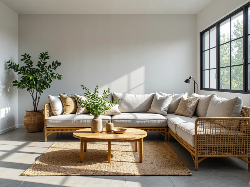 Narożna sofa rattanowa z białymi poduszkami i drewnianym stolikiem