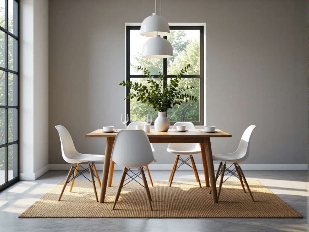 Skandynawski stół dębowy z białymi krzesłami na drewnianych nogach