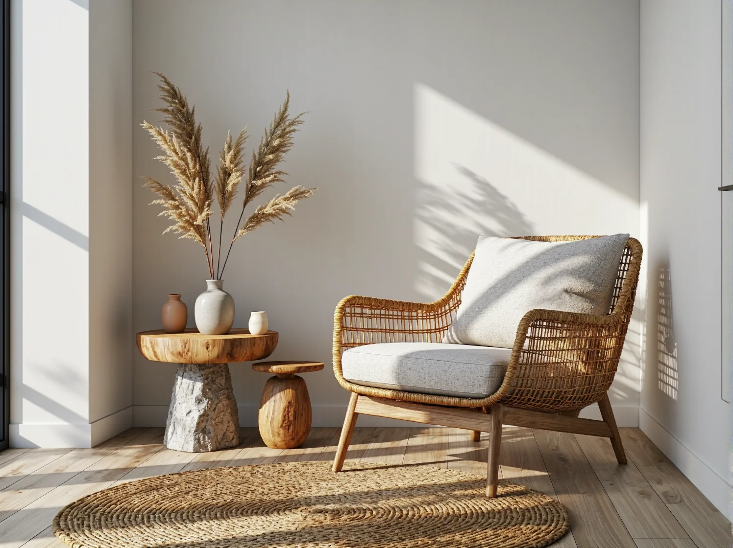 Harmonijne wnętrze salonu z rattanowymi meblami i tekstyliami z naturalnych materiałów.