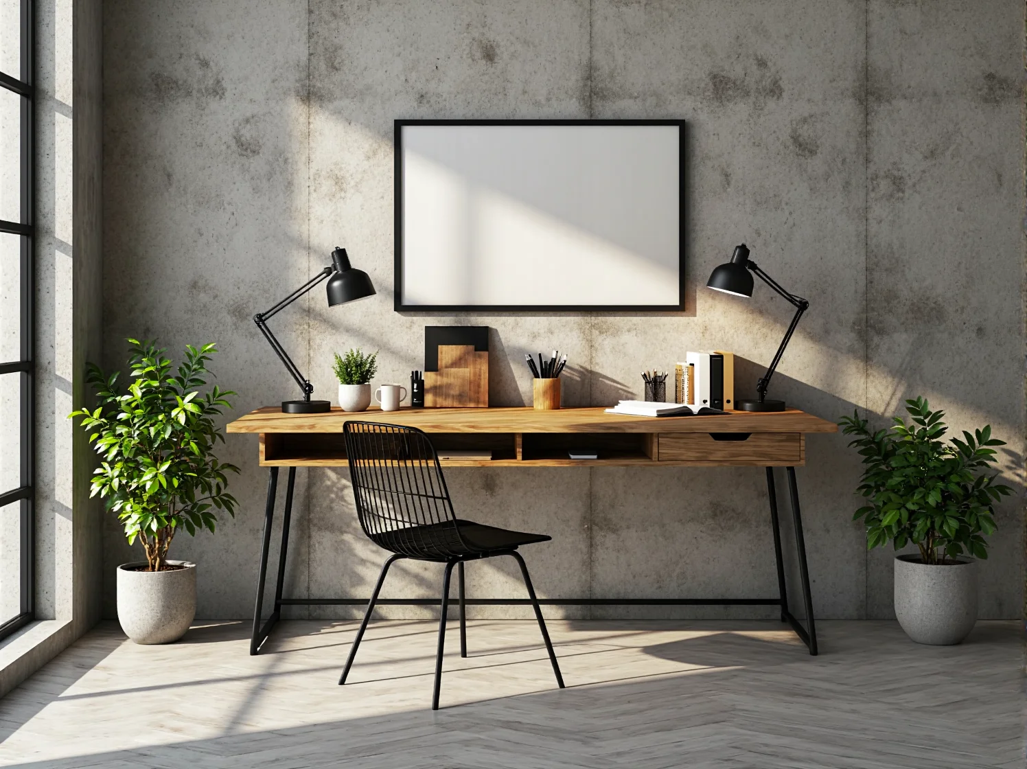 Nowoczesny regał industrialny ozdobiony roślinami i skandynawskimi dekoracjami w jasnym wnętrzu.