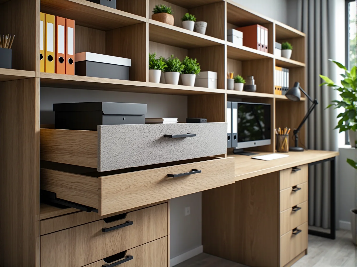 Nowoczesne biurko dla dziecka z regulowanym blatem i systemem szafek, wspierające prawidłową postawę.