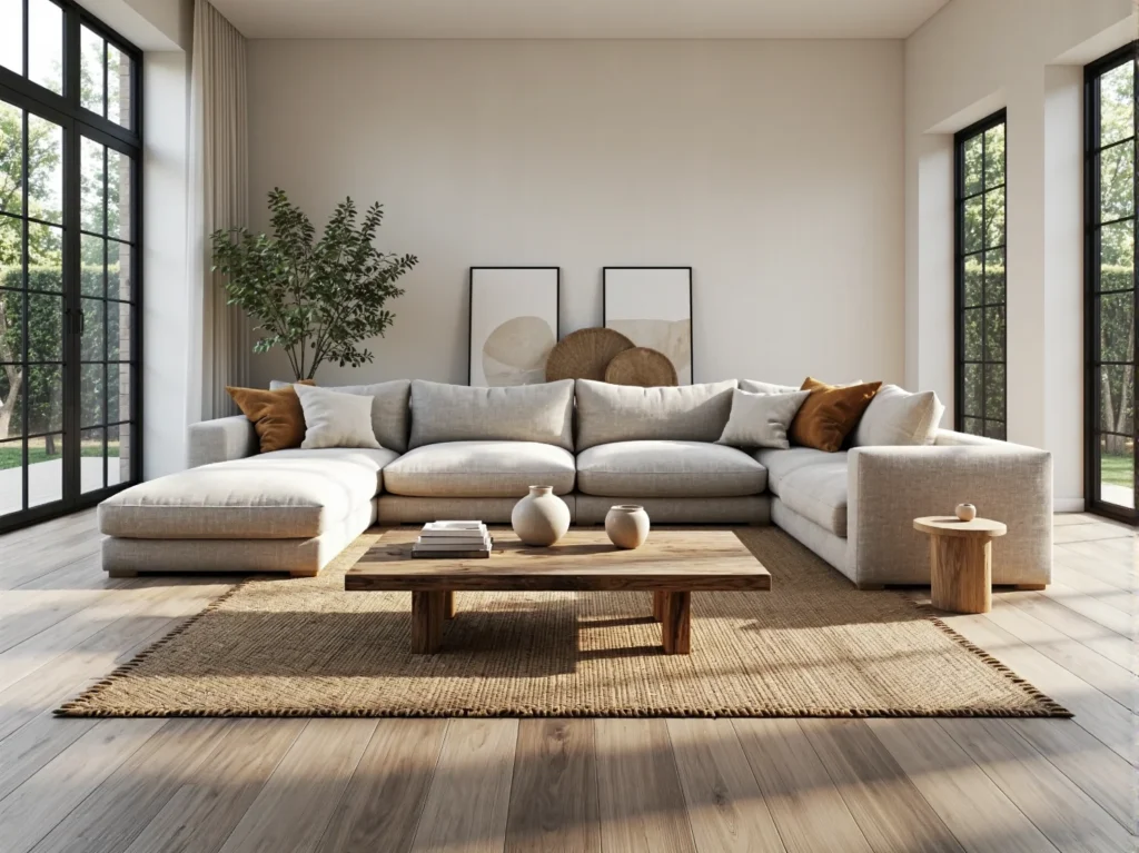 Narożnik modułowy beżowy z pufą i drewnianym stolikiem kawowym