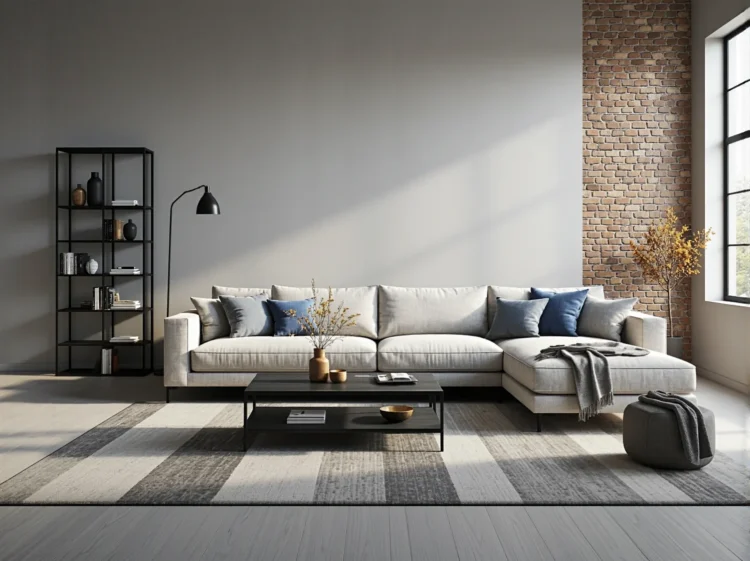 Narożna sofa tapicerowana szara z niebieskimi poduszkami dekoracyjnymi