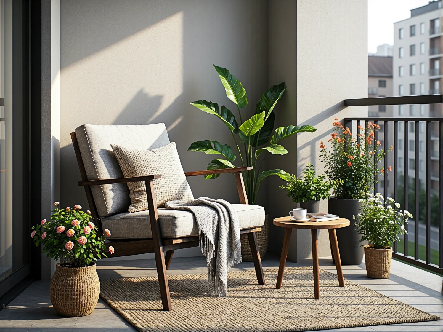 Drewniane krzesła składane i stolik na wąskim balkonie w bloku – oszczędność miejsca