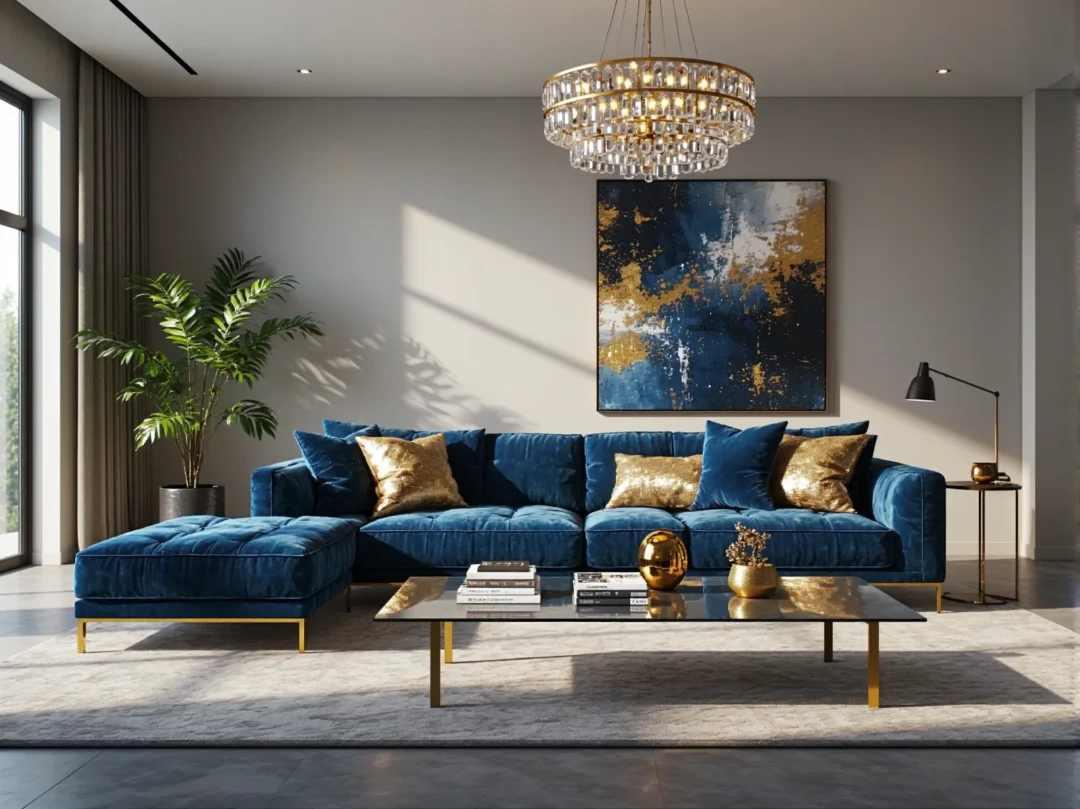 Narożnik glamour granatowy welurowy ze złotymi nóżkami