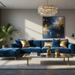 Narożnik glamour granatowy welurowy ze złotymi nóżkami