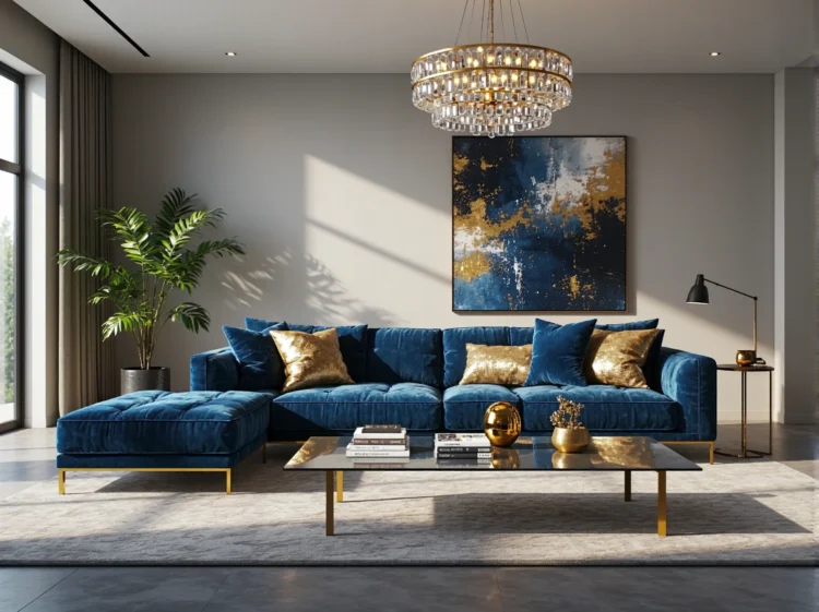 Narożnik glamour granatowy welurowy ze złotymi nóżkami