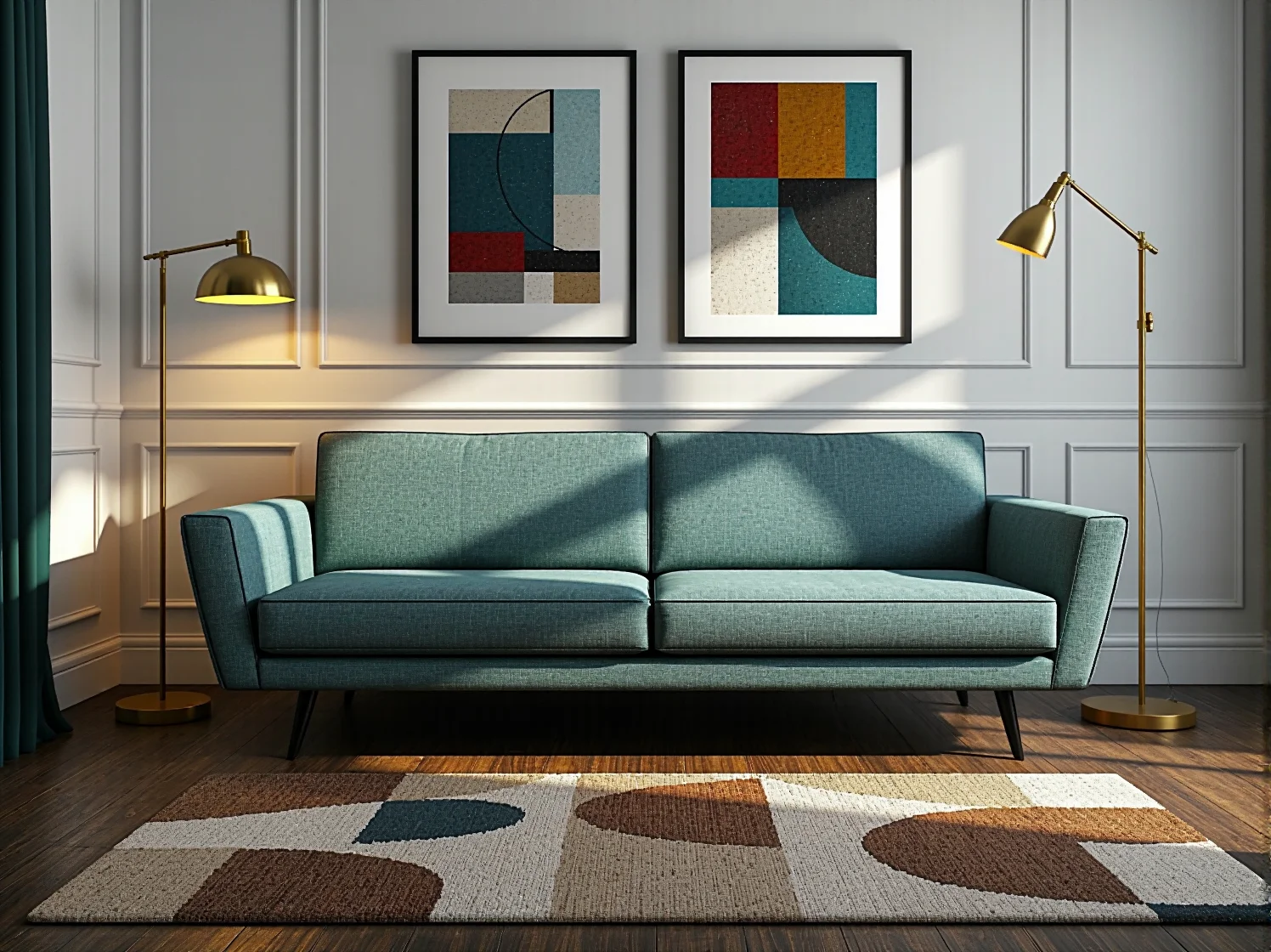 Komfortowa, trzyosobowa sofa retro w odcieniu musztardowym w nowoczesnym wnętrzu.