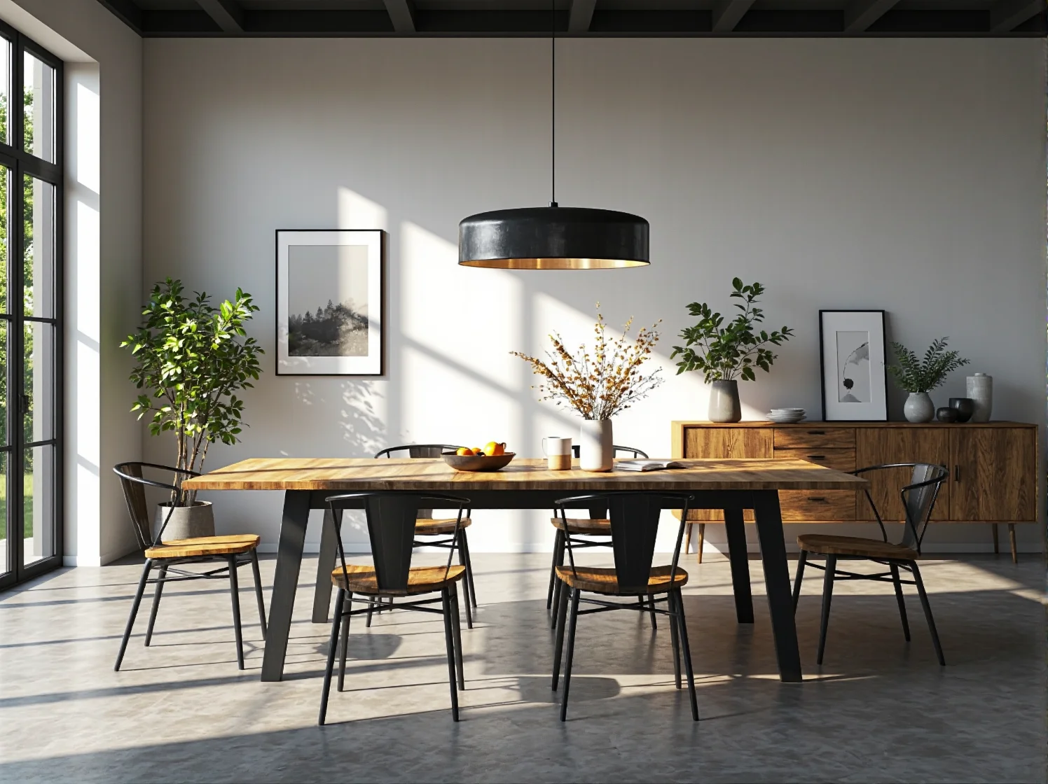 Jasna sofa skandynawska na tle surowej, ceglanej ściany w salonie typu loft.