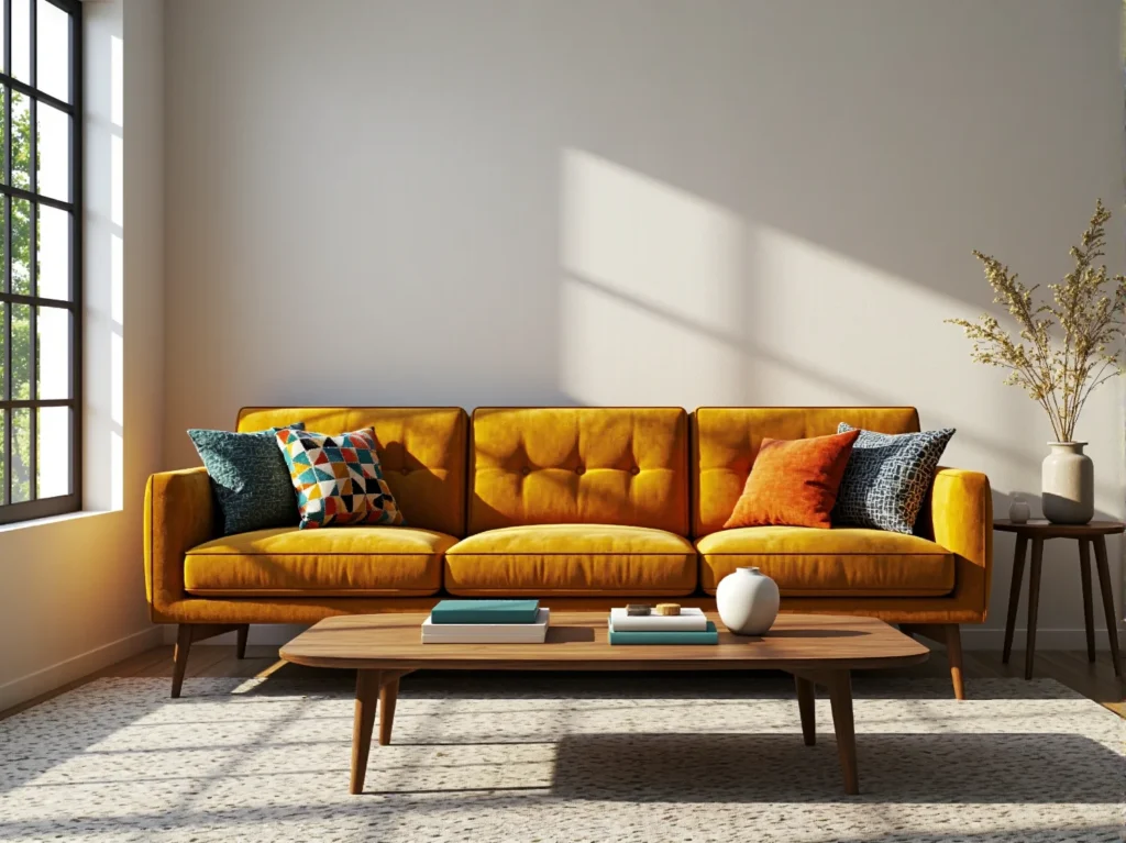 Musztardowa sofa trzyosobowa w stylu retro z pikowanym oparciem