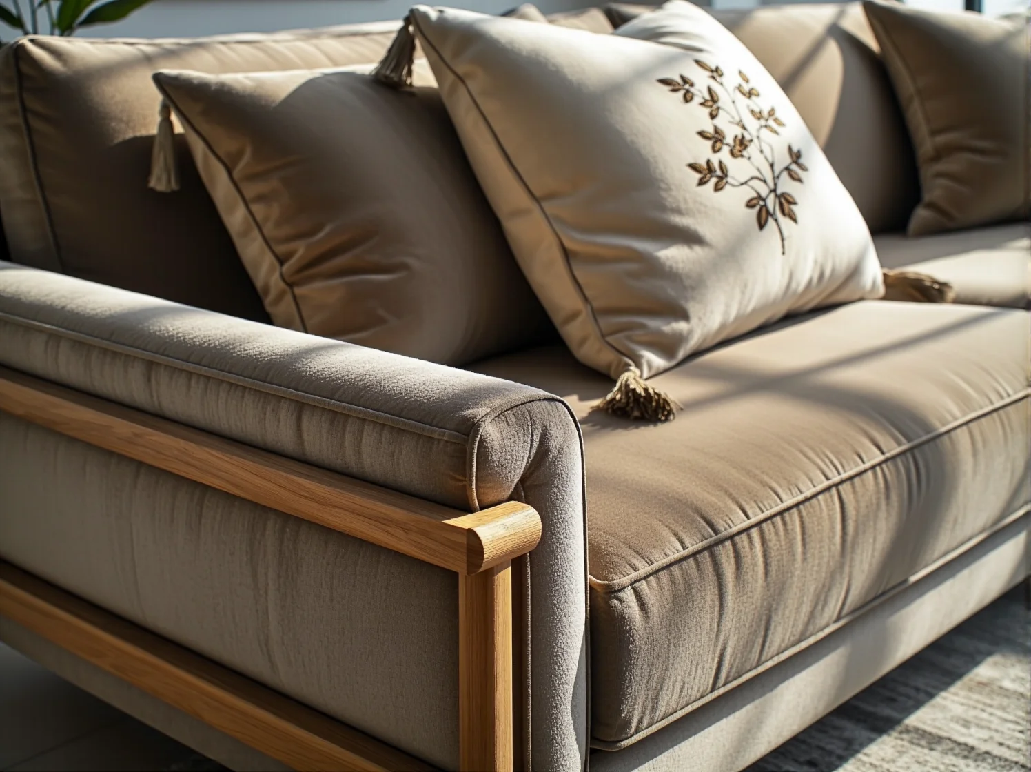 Zbliżenie na fakturę tapicerki sofy z recyklingu, przykład luksusowego designu w zgodzie z naturą.