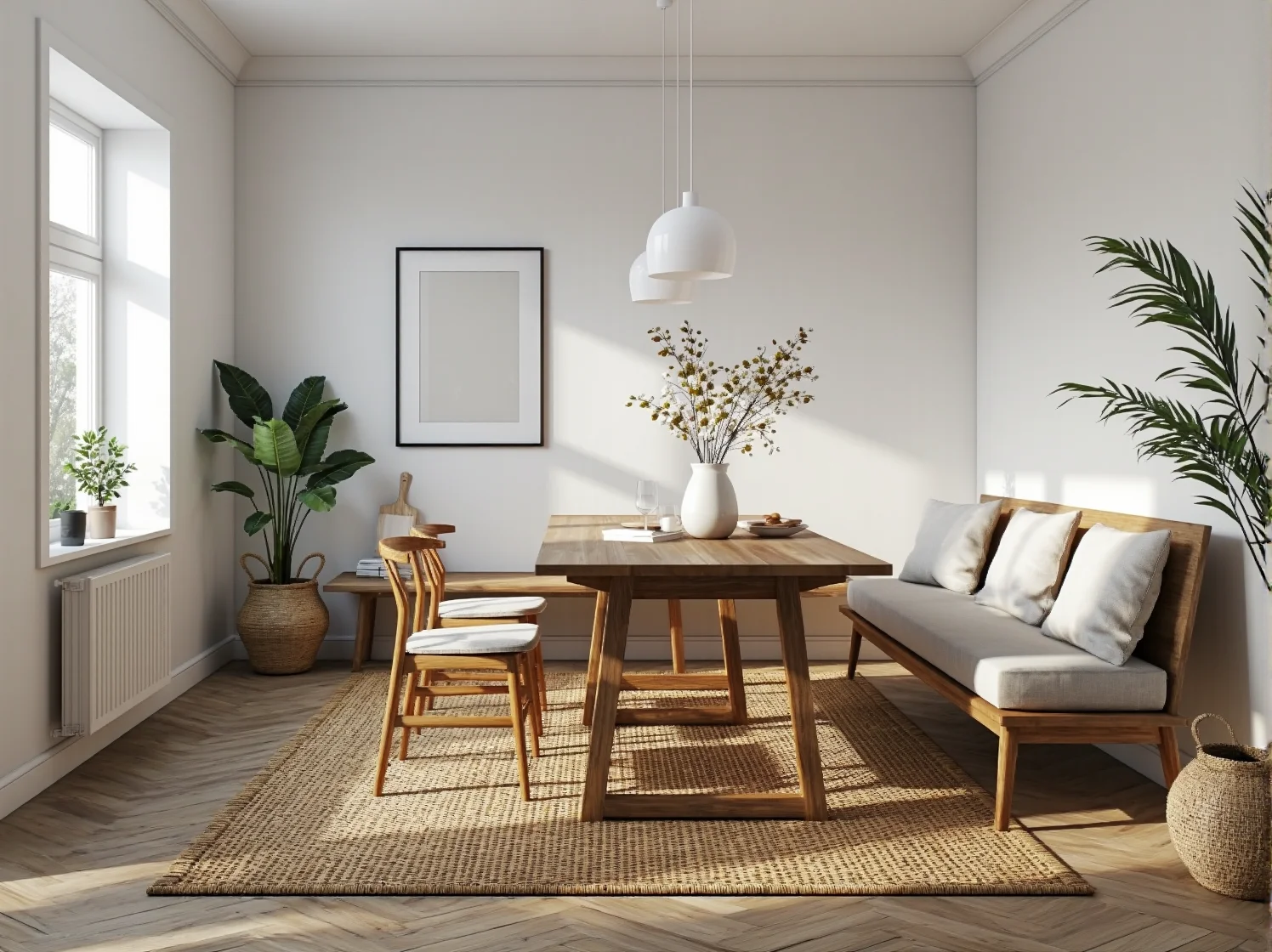 Minimalistyczny stół drewniany w stylu skandynawskim w aranżacji nowoczesnej jadalni.