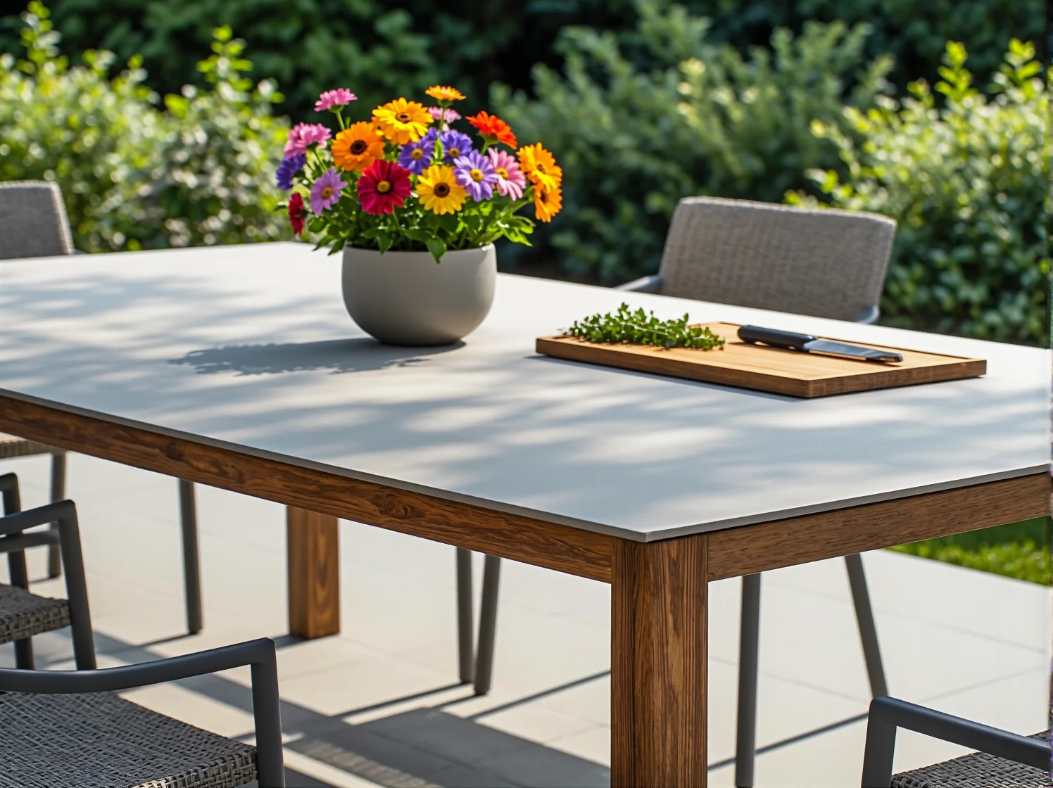 Gotowy stół ogrodowy w stylu scandi z naturalnymi dekoracjami i krzesłami