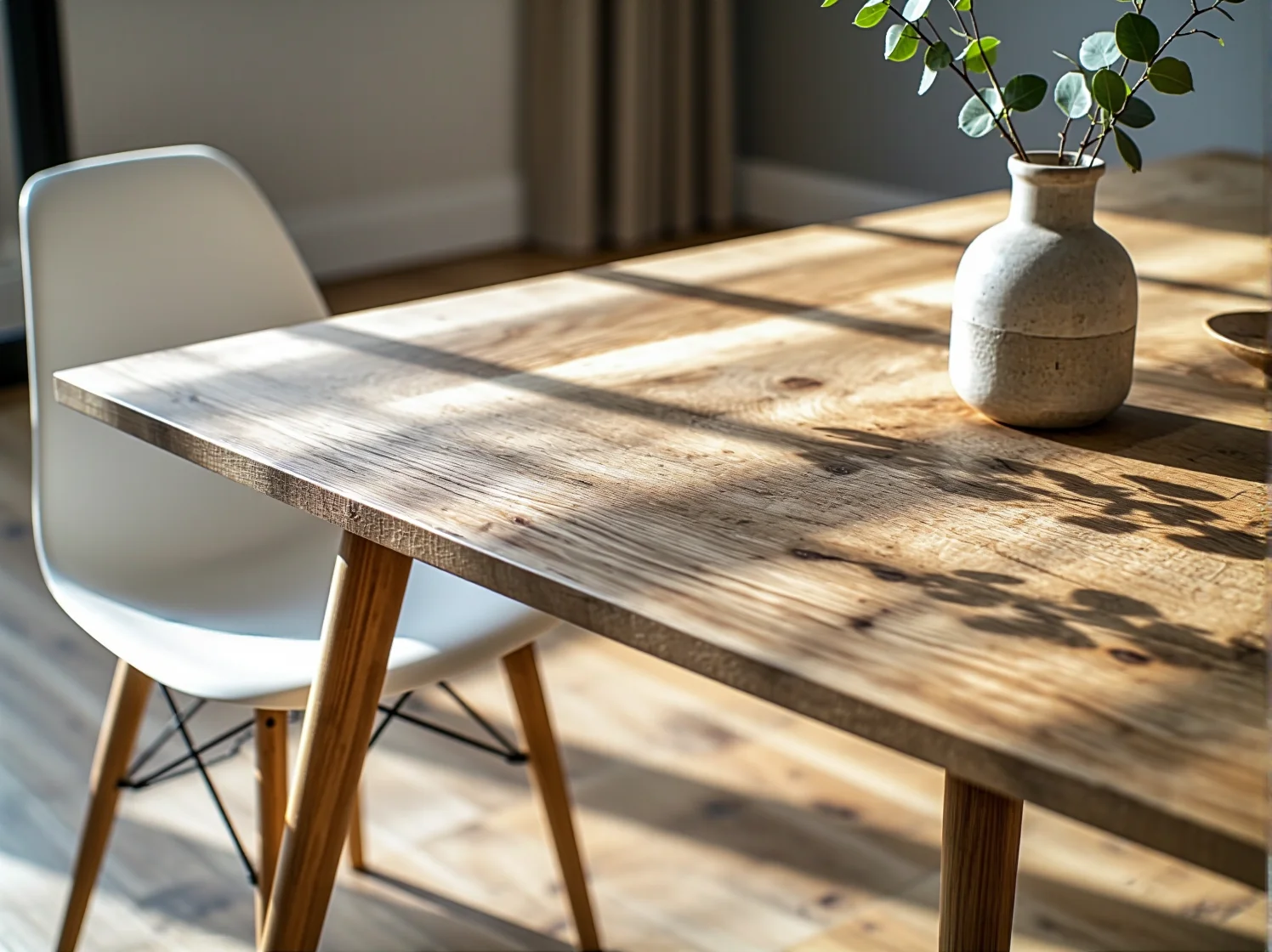 Okrągły stół w stylu Japandi z drewnianymi krzesłami, jako inspiracja do małej jadalni.