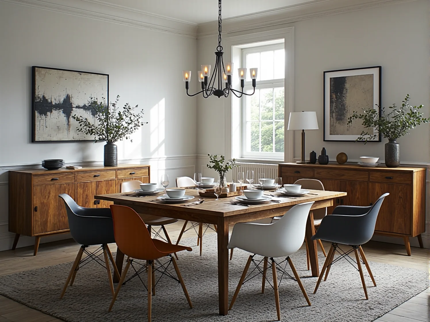 Połączenie drewnianego stołu retro z nowoczesnymi krzesłami w jadalni w stylu eklektycznym.