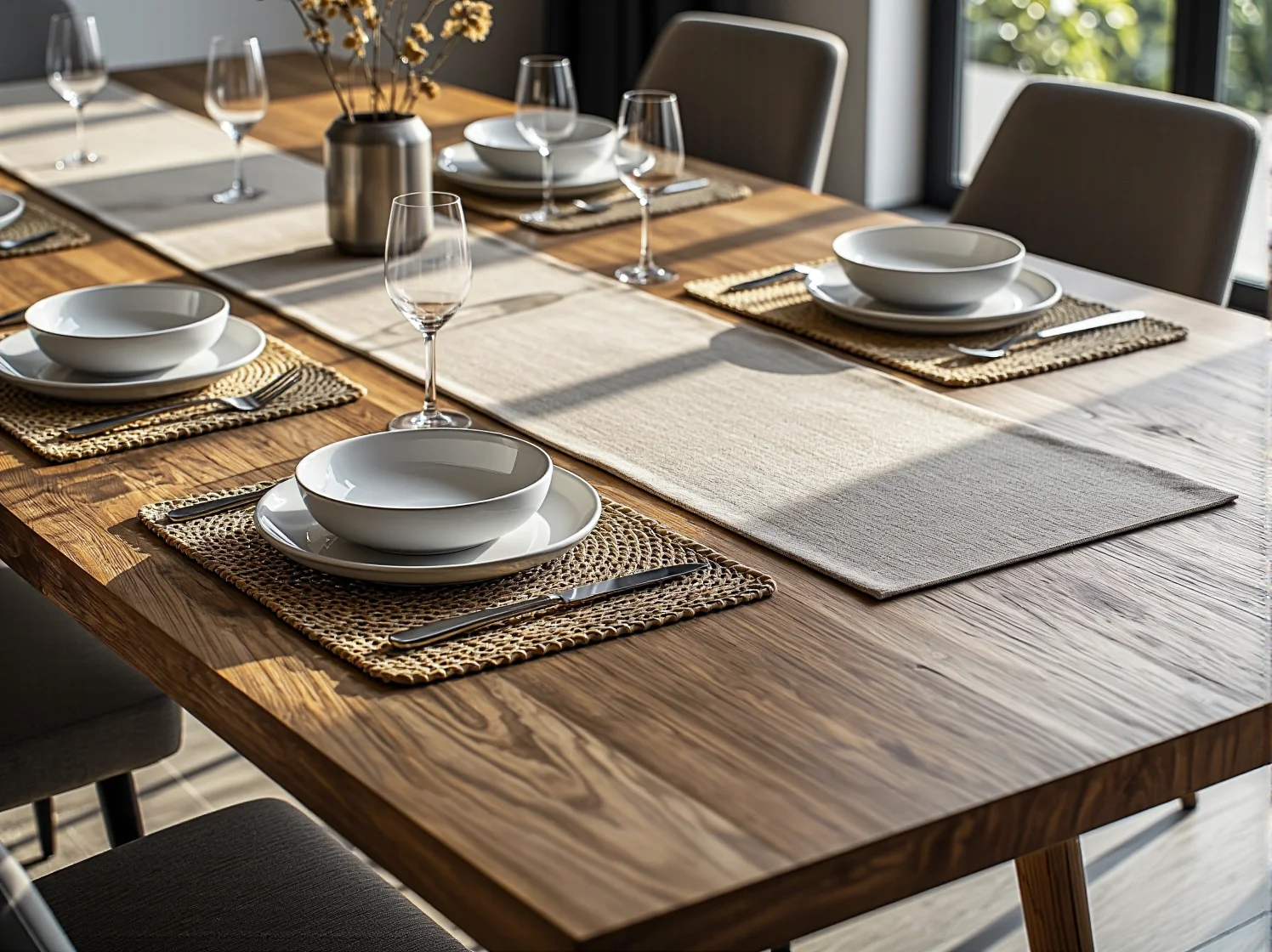 Funkcjonalny stół rozkładany w stylu skandynawskim w jasnej jadalni, idealny do małych wnętrz.