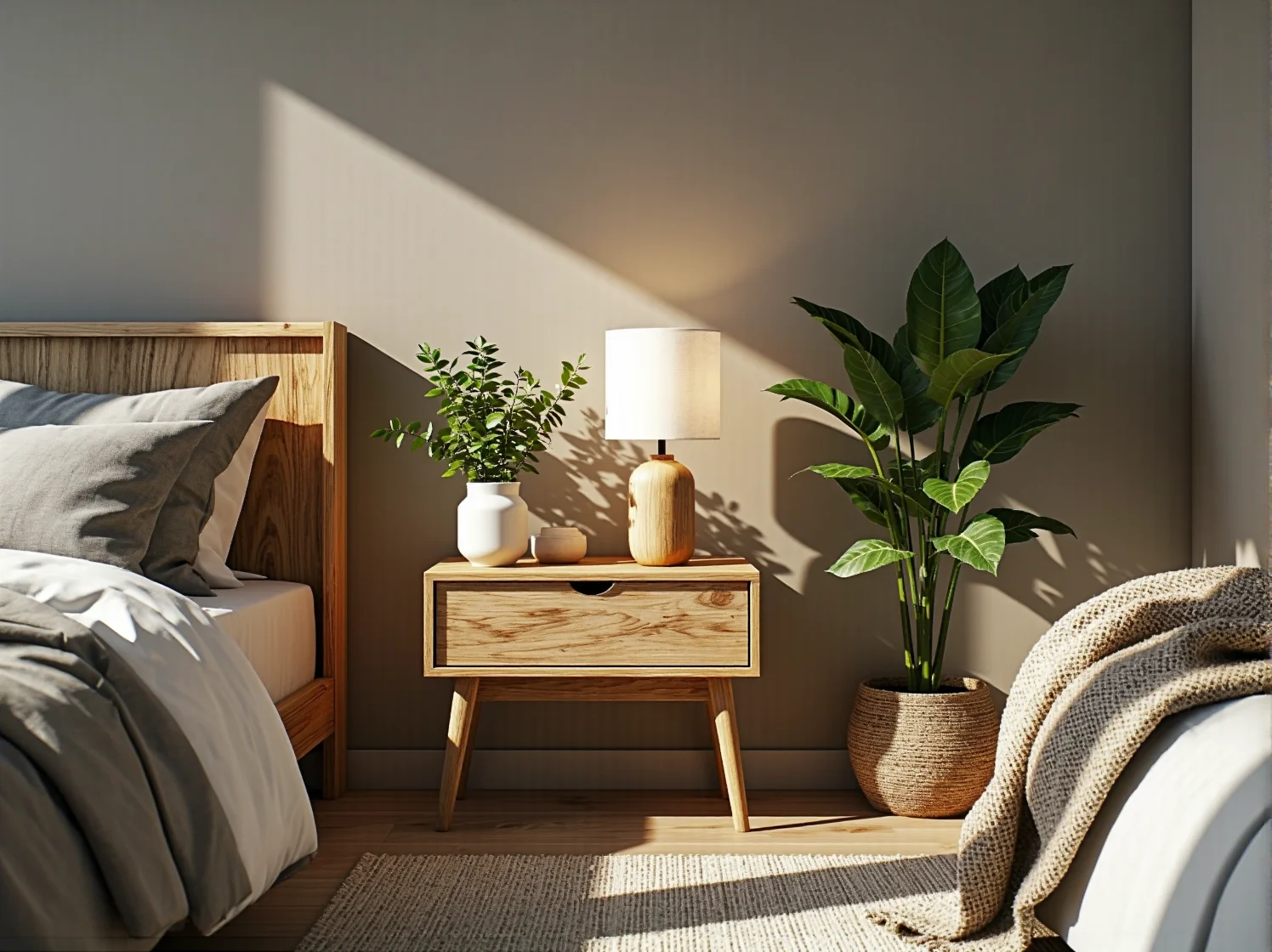 Minimalistyczna jadalnia z ekologicznym stołem w stylu skandynawskim i nowoczesnymi krzesłami.