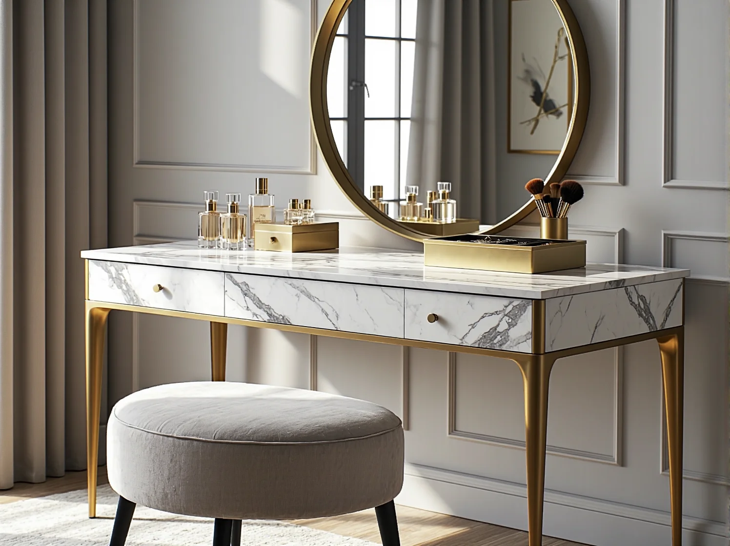 Stylowy szklany stolik kawowy ze złotymi nogami w aranżacji glamour.