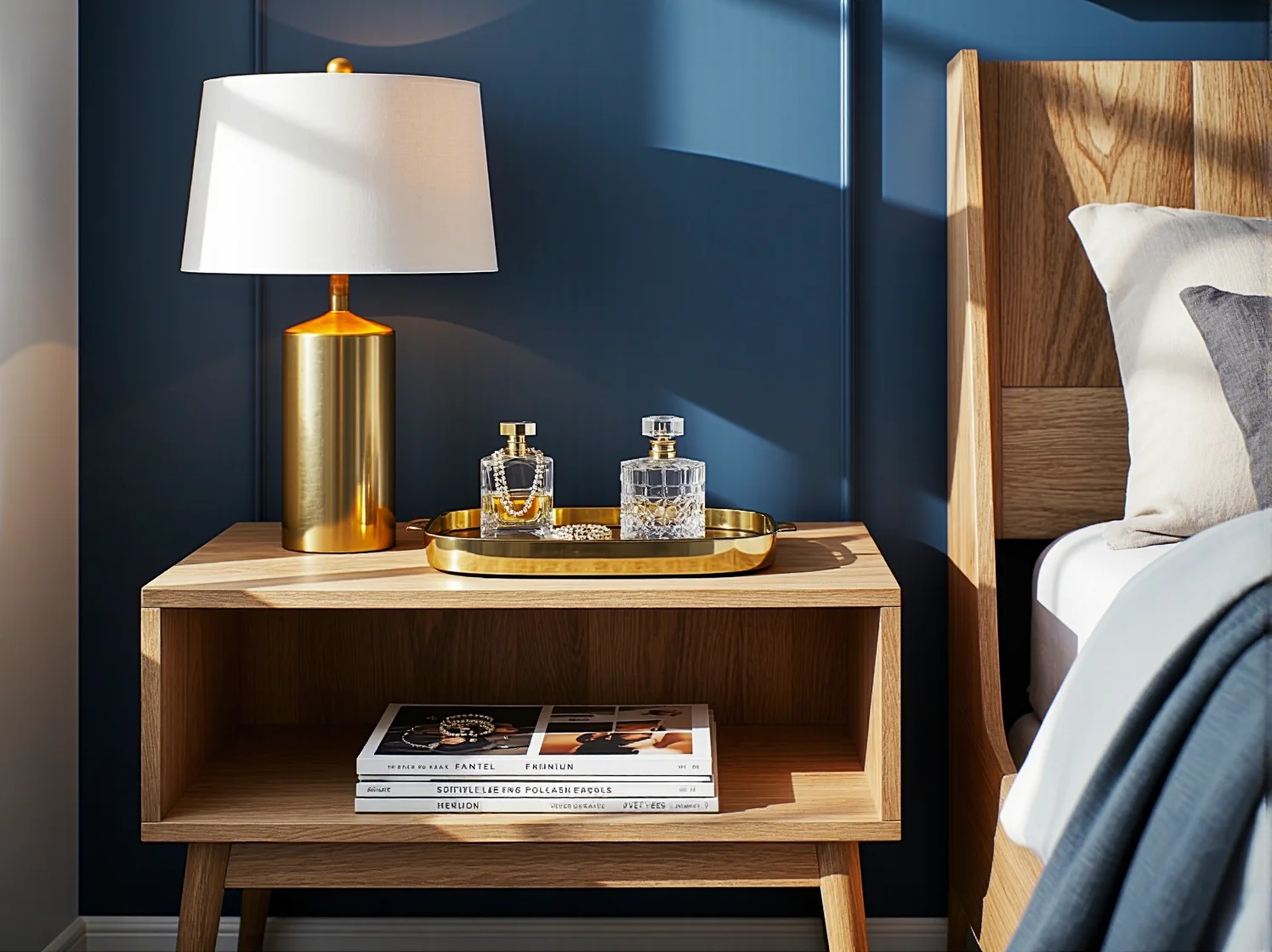 Drewniany stolik kawowy w stylu skandynawskim na tle marmurowej ściany w luksusowym wnętrzu.