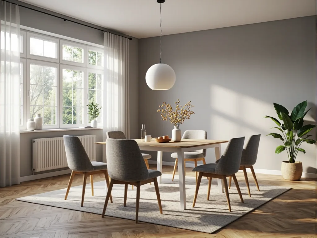 Rozkładany stół dąb sonoma z białymi nogami i szarymi krzesłami