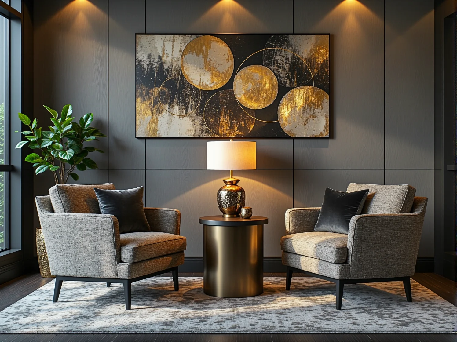 Stylowa strefa wypoczynku w hotelu z wygodnymi fotelami glamour i stolikiem kawowym.