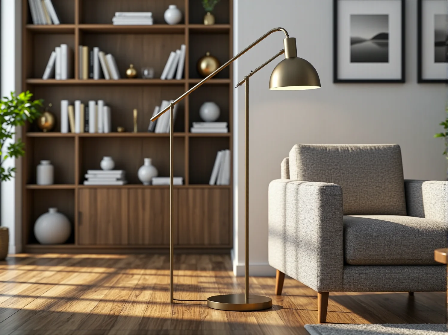 Stylowa lampa podłogowa obok sofy, tworząca przytulną strefę relaksu w wysokim lofcie z dużymi oknami.