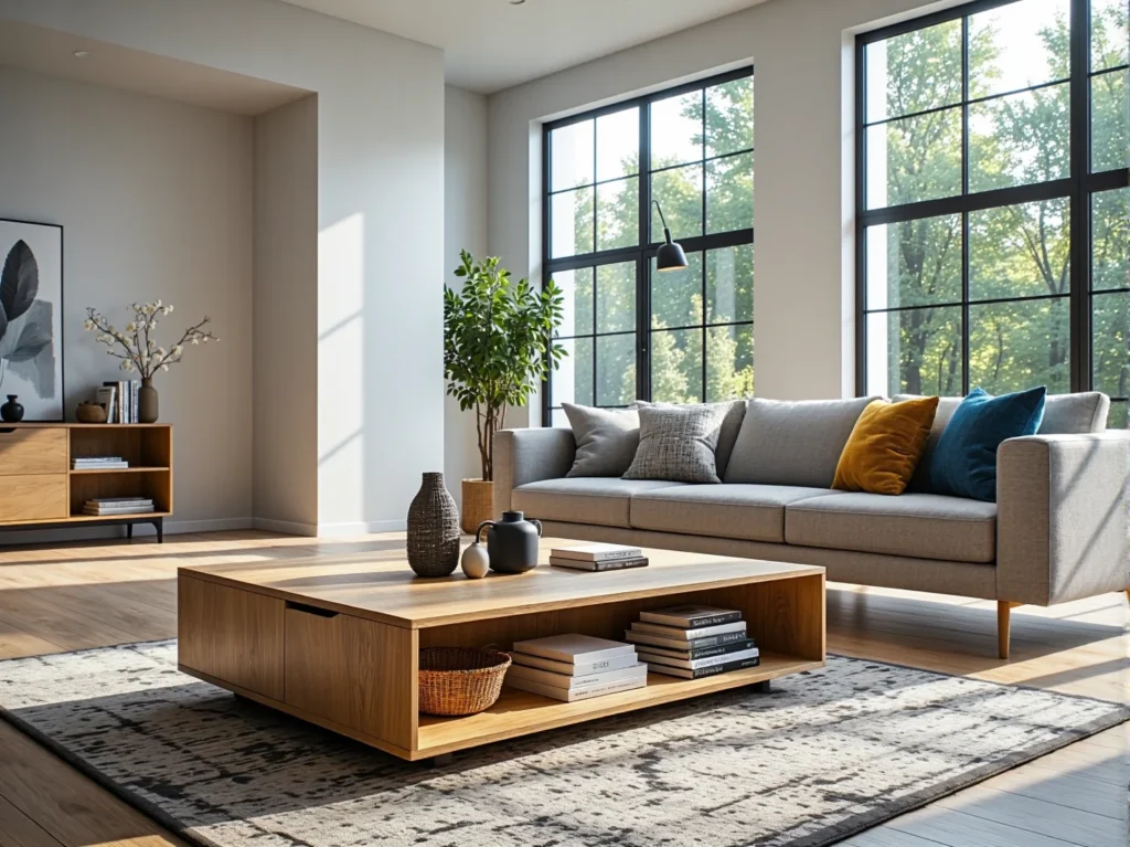 Nowoczesny stolik kawowy dąb craft z szufladą i półką