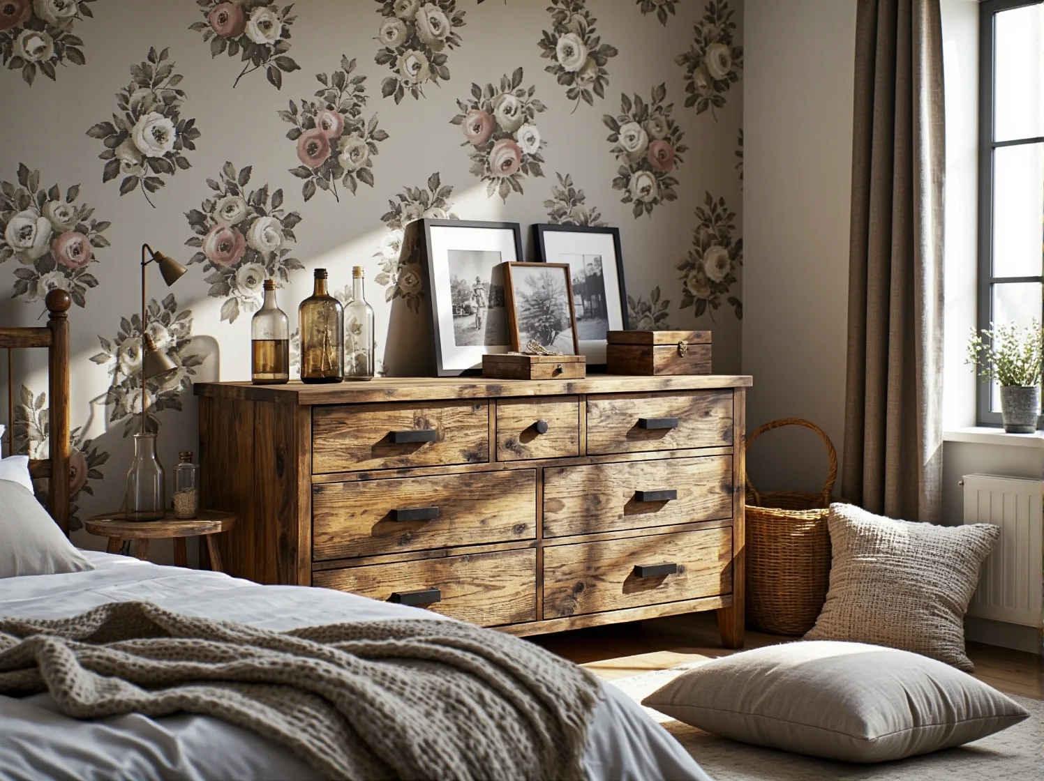 Aranżacja sypialni z klasyczną komodą w stylu rustykalnym i dekoracjami z duszą vintage.