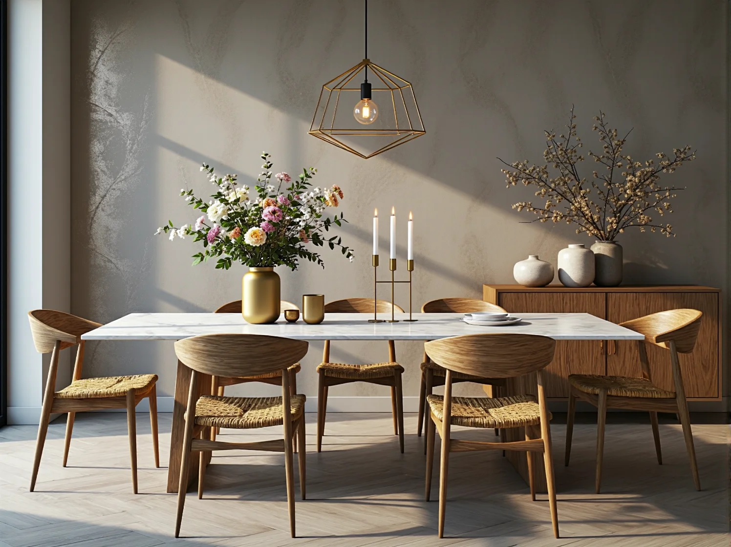 Minimalistyczne łóżko skandynawskie w sypialni glamour z lustrzaną szafą i welurowymi poduszkami.