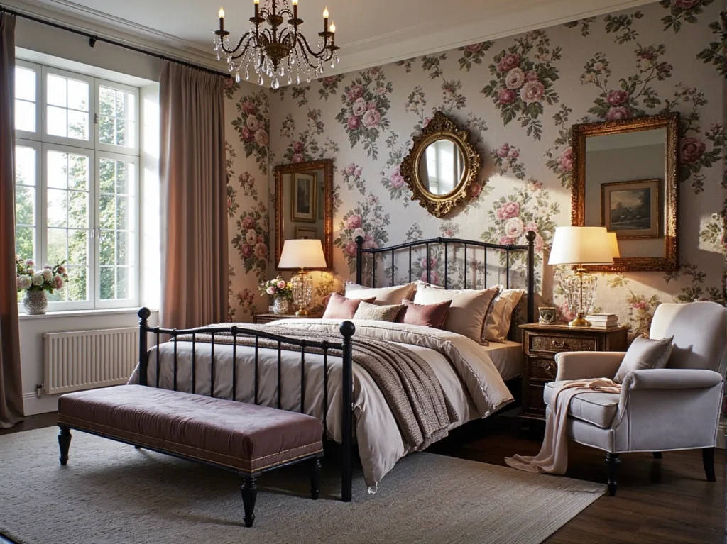 Łóżko metalowe czarne w stylu vintage glamour z wysokim zagłówkiem