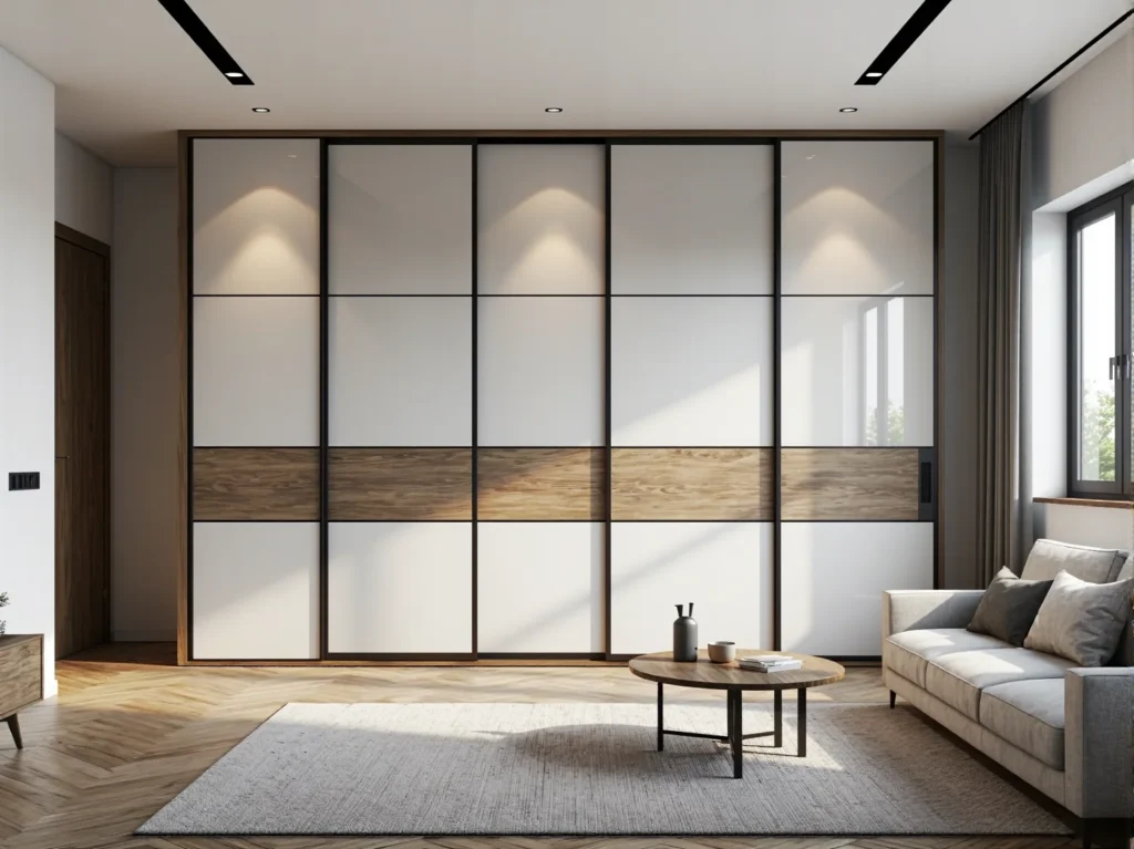 Biała szafa przesuwna z drewnianym pasem dekoracyjnym i czarnymi ramkami