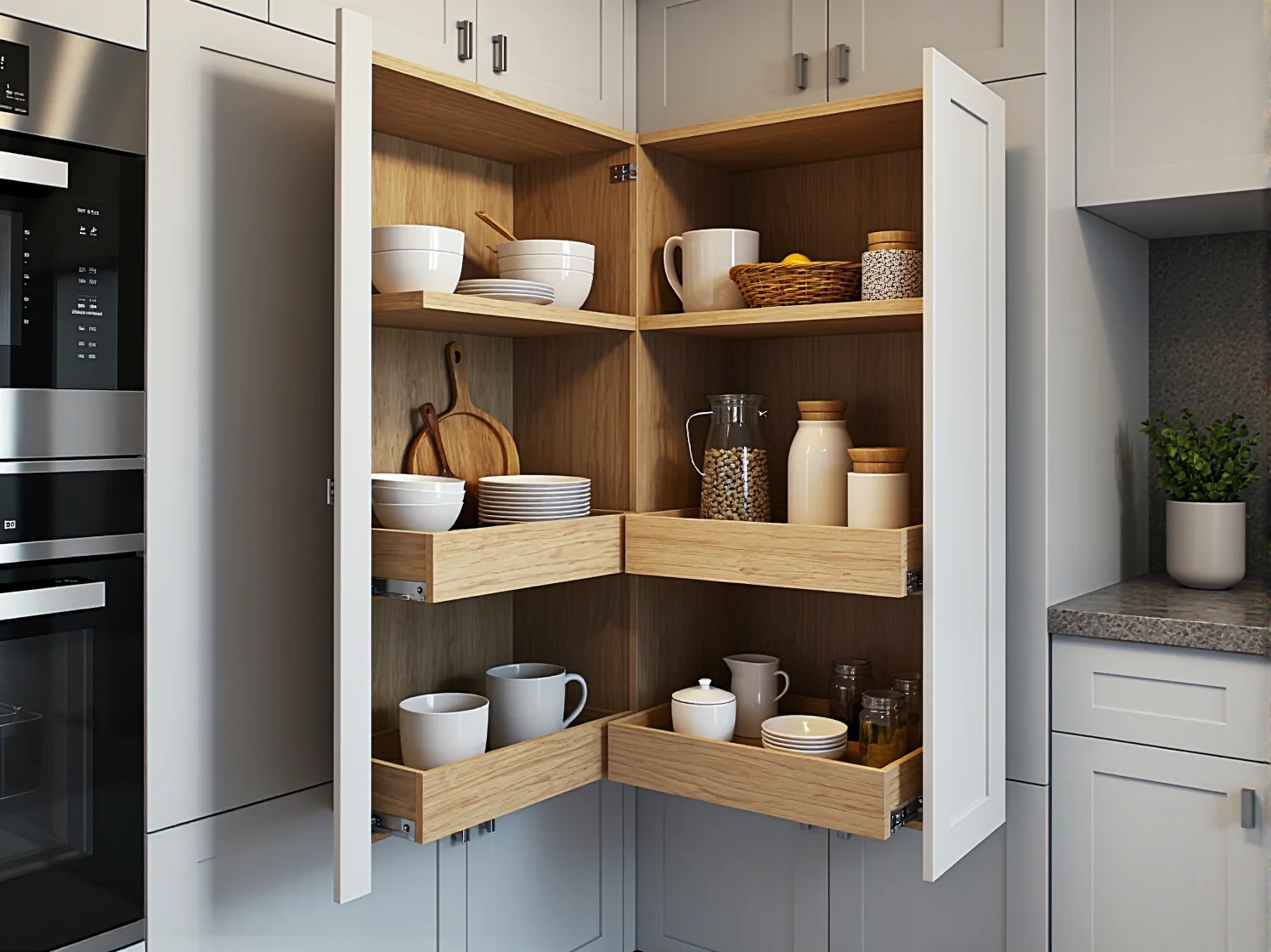 Wysoka szafka cargo w wąskiej kuchni – idealny sposób na segregację zapasów i produktów.