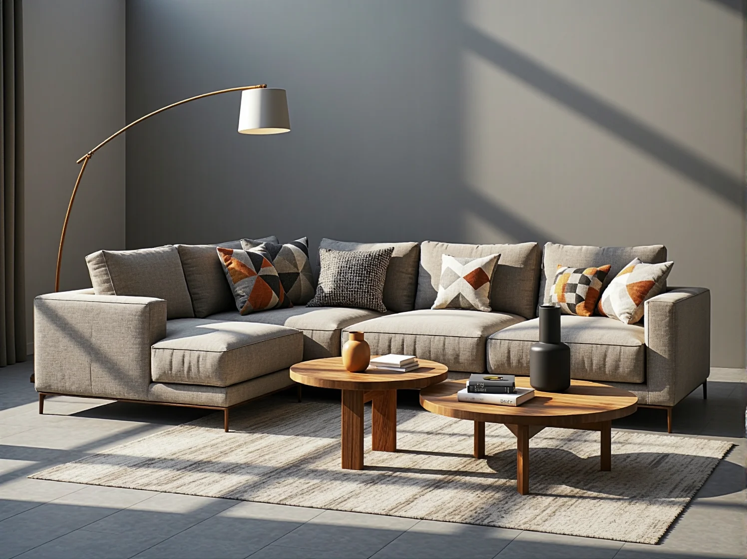 Wygodny szary narożnik modułowy z miękkimi poduszkami zapewniający najwyższy komfort wypoczynku.