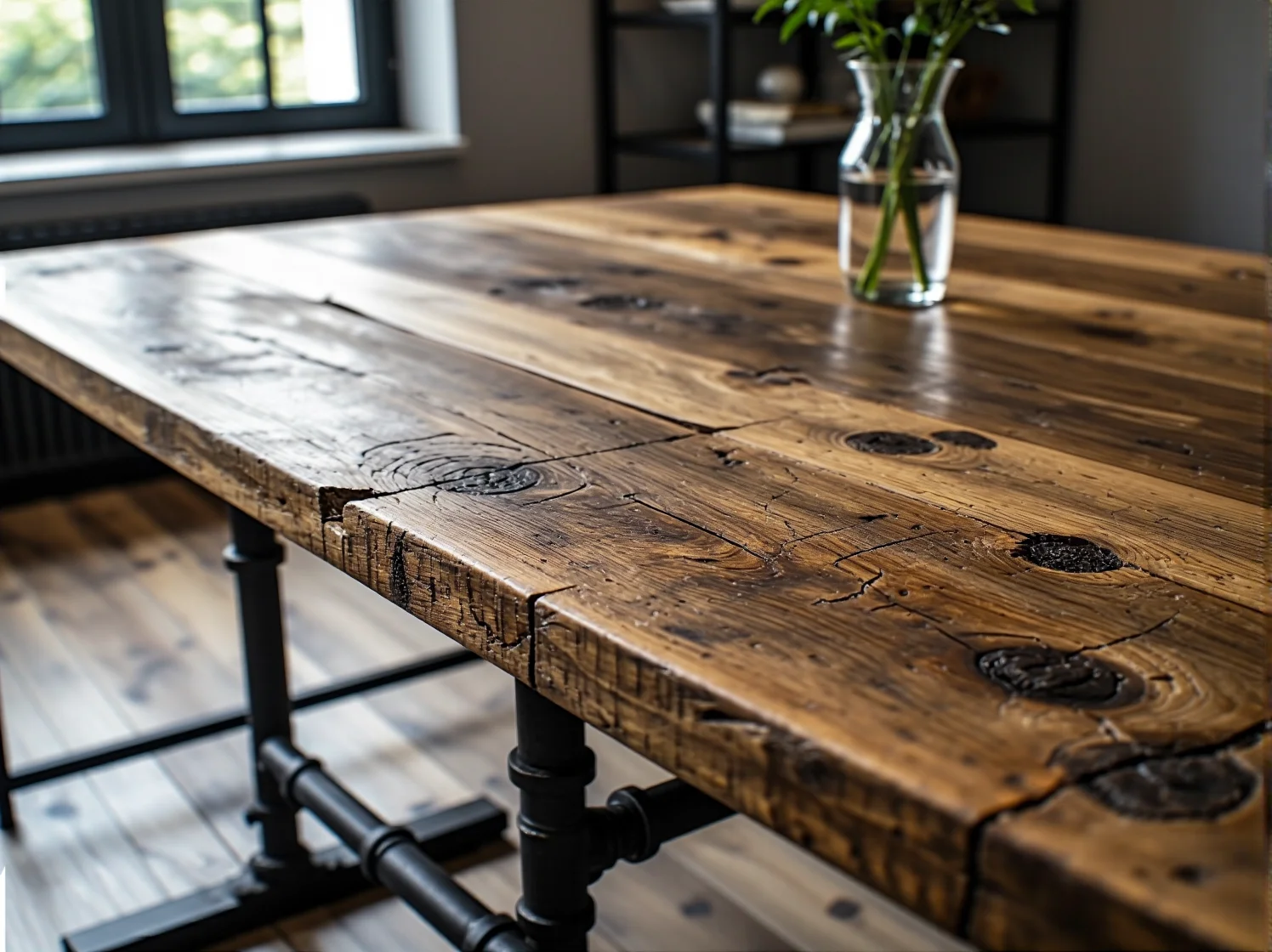 Proces przygotowania i szlifowania starych desek na blat stolika barowego z materiałów z recyklingu.