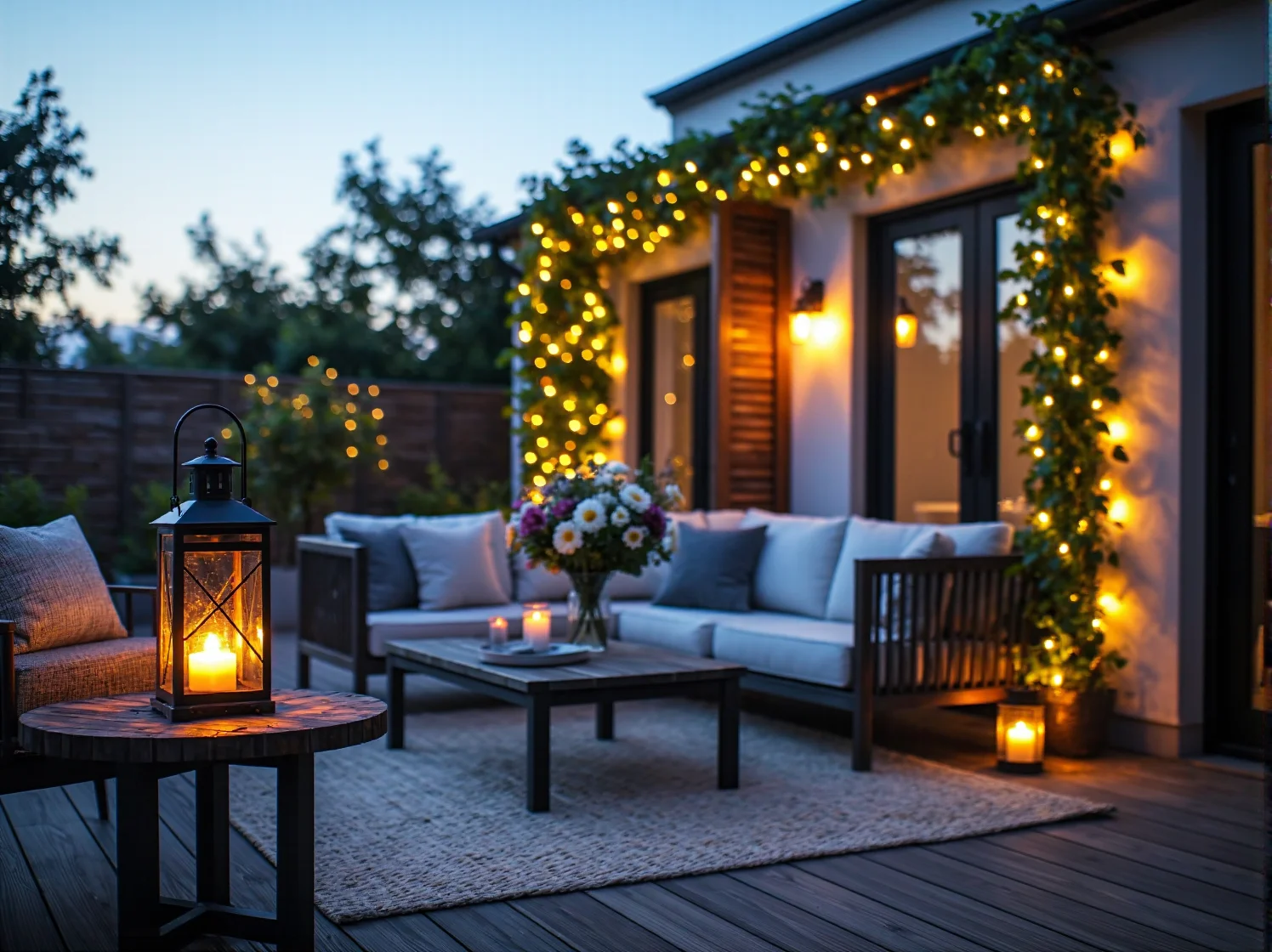 Stylowe tekstylia na taras: dekoracyjne poduszki i ciepły koc na plecionym fotelu w stylu boho.