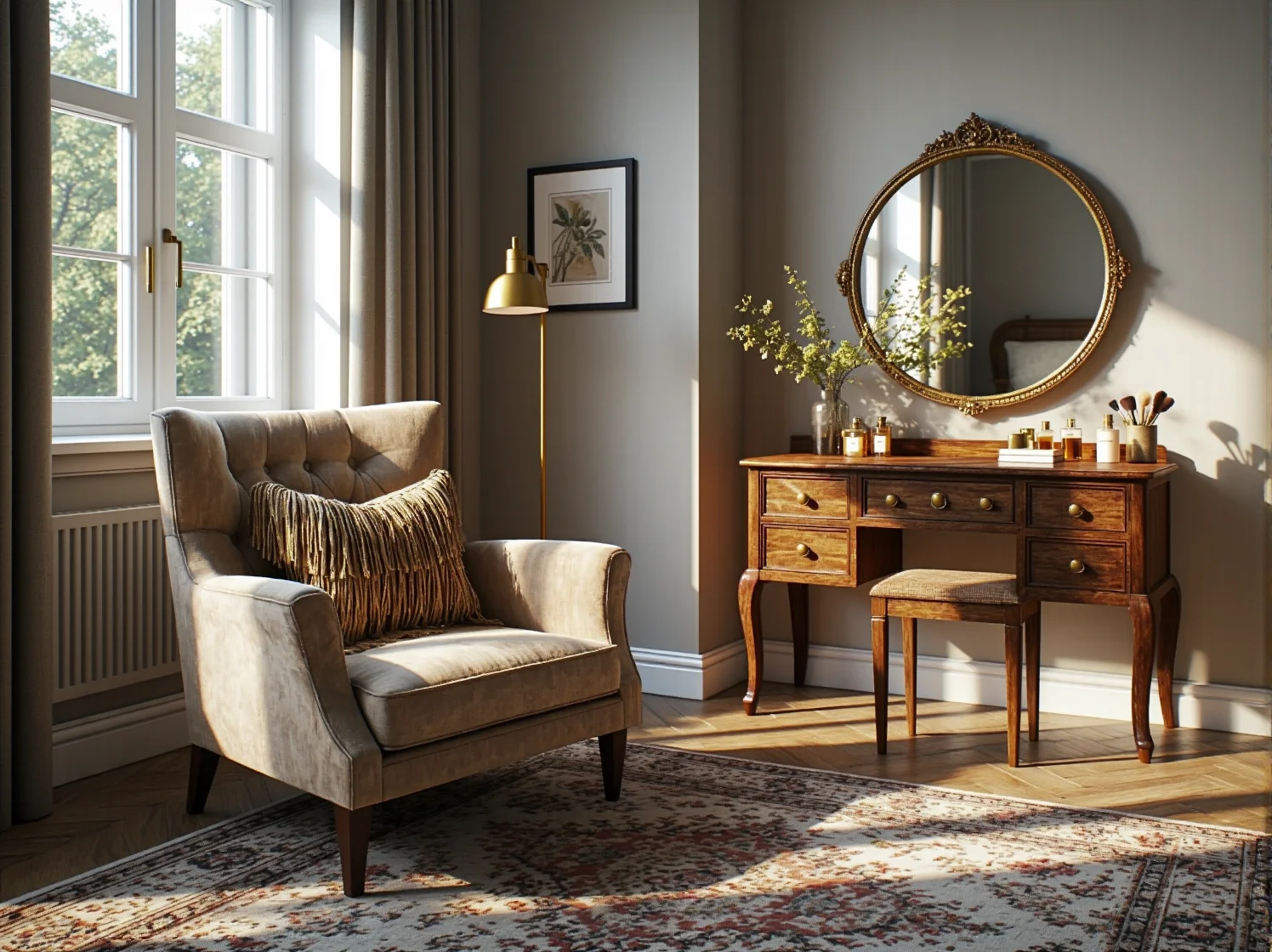 Stylowa toaletka vintage z ozdobnym lustrem i luksusowymi perfumami jako element dekoracyjny sypialni.