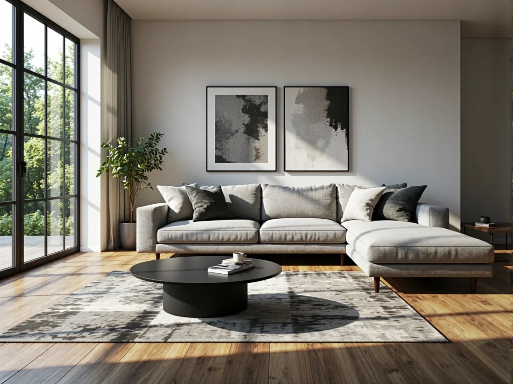 Narożna sofa tapicerowana w kolorze szarym na drewnianych nogach